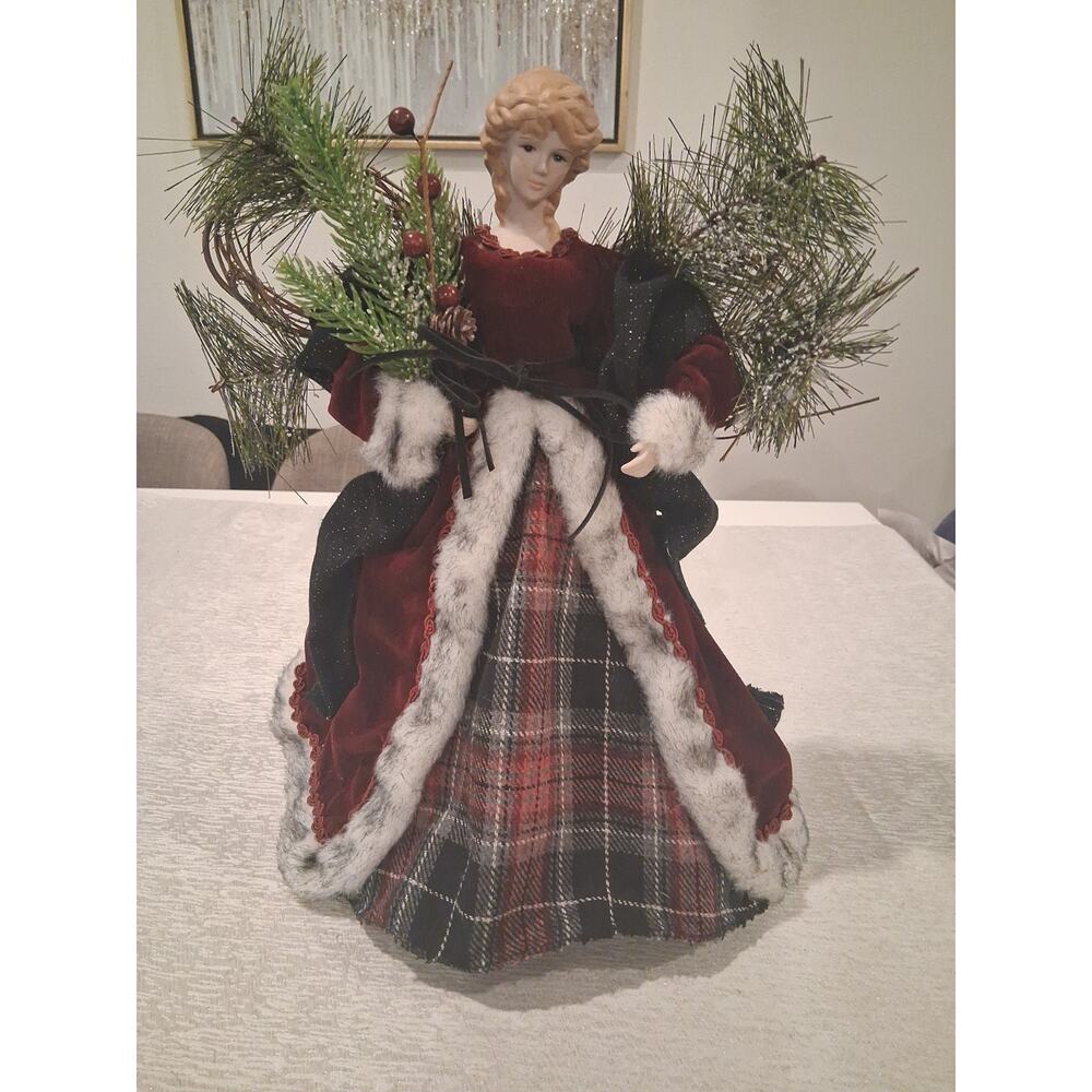 16" Rustic Angel Christmas Tree Topper Red Velvet Plaid Gown Holiday Tabletop